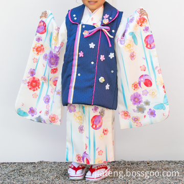 Small Flowers Pattern Girl's Kimono Japan Traditional Costume